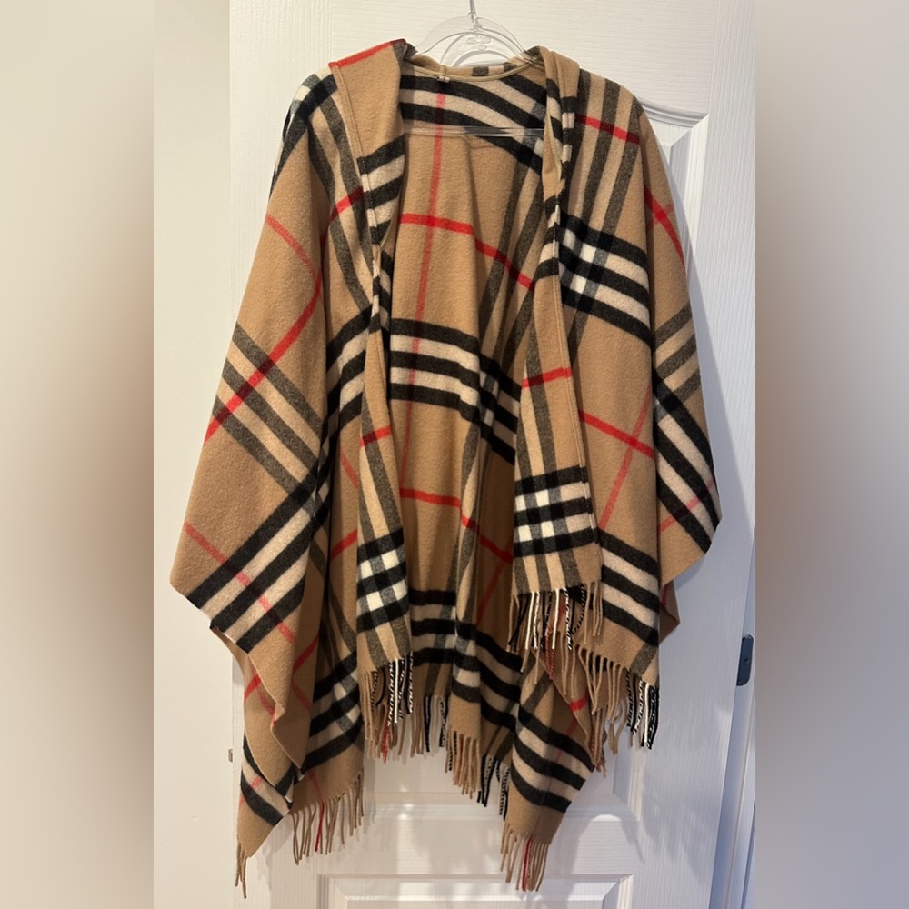 Authentic Burberry Wool Nova Check Poncho with Fringe + Hood
